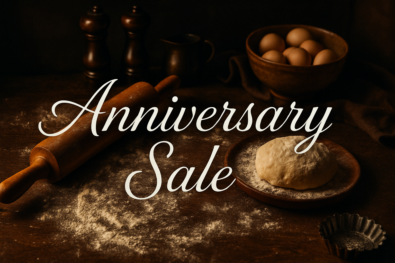 Anniversary Sale banner for The Cook’s Outfitter featuring rustic kitchen tools in a winter-inspired setting, promoting a seasonal 30% off sale on premium cookware, utensils, and pantry goods.