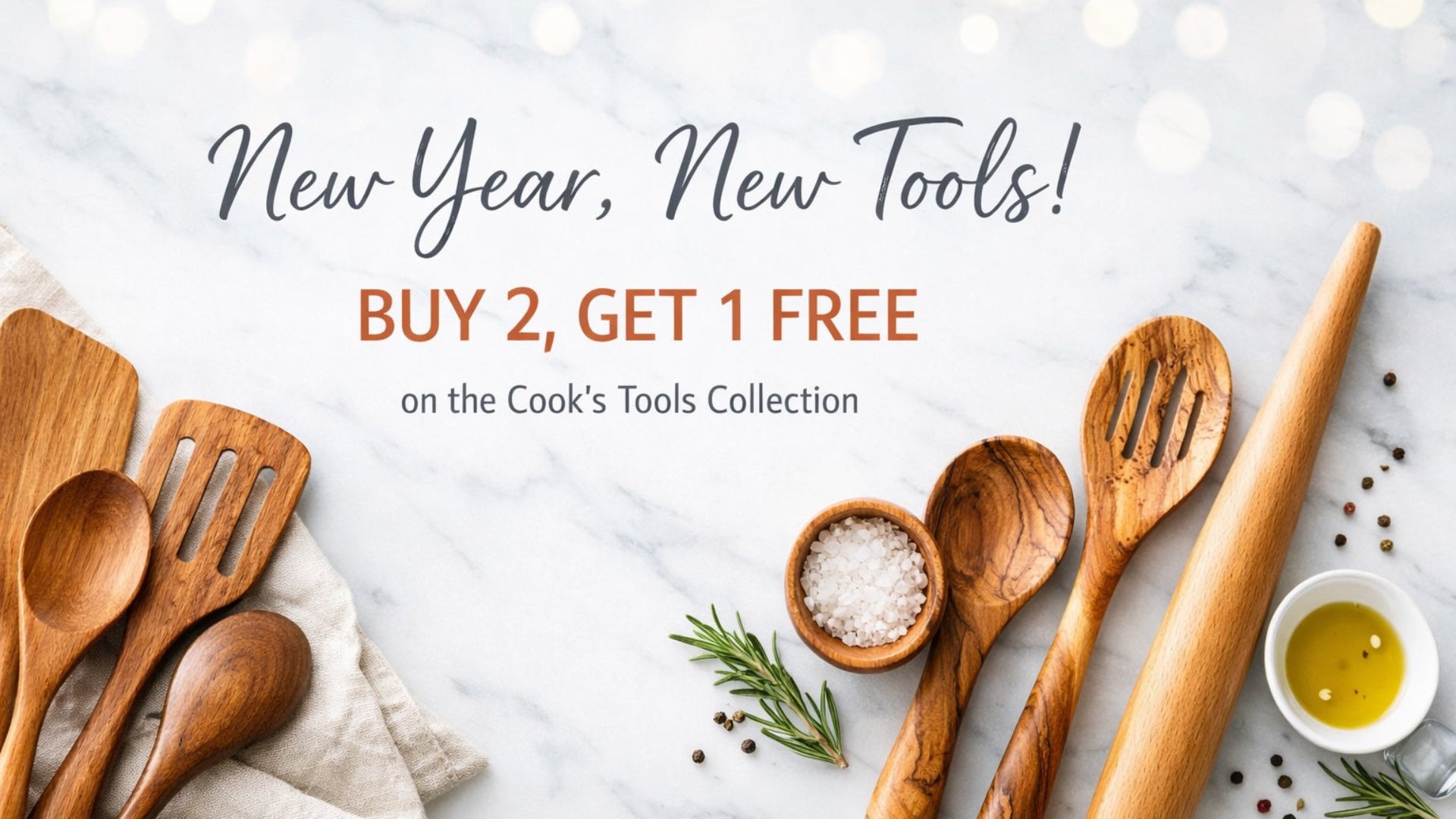 Wooden cooking utensils on a marble surface with promotional text overlay.